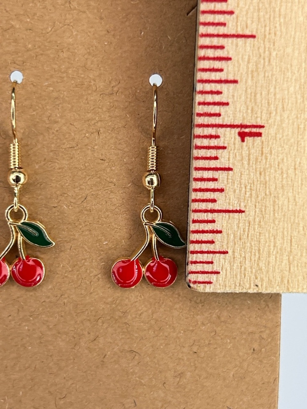 Gold Cherry Dangle Earrings in Red and Green Fashion Jewelry - Picture 2 of 3